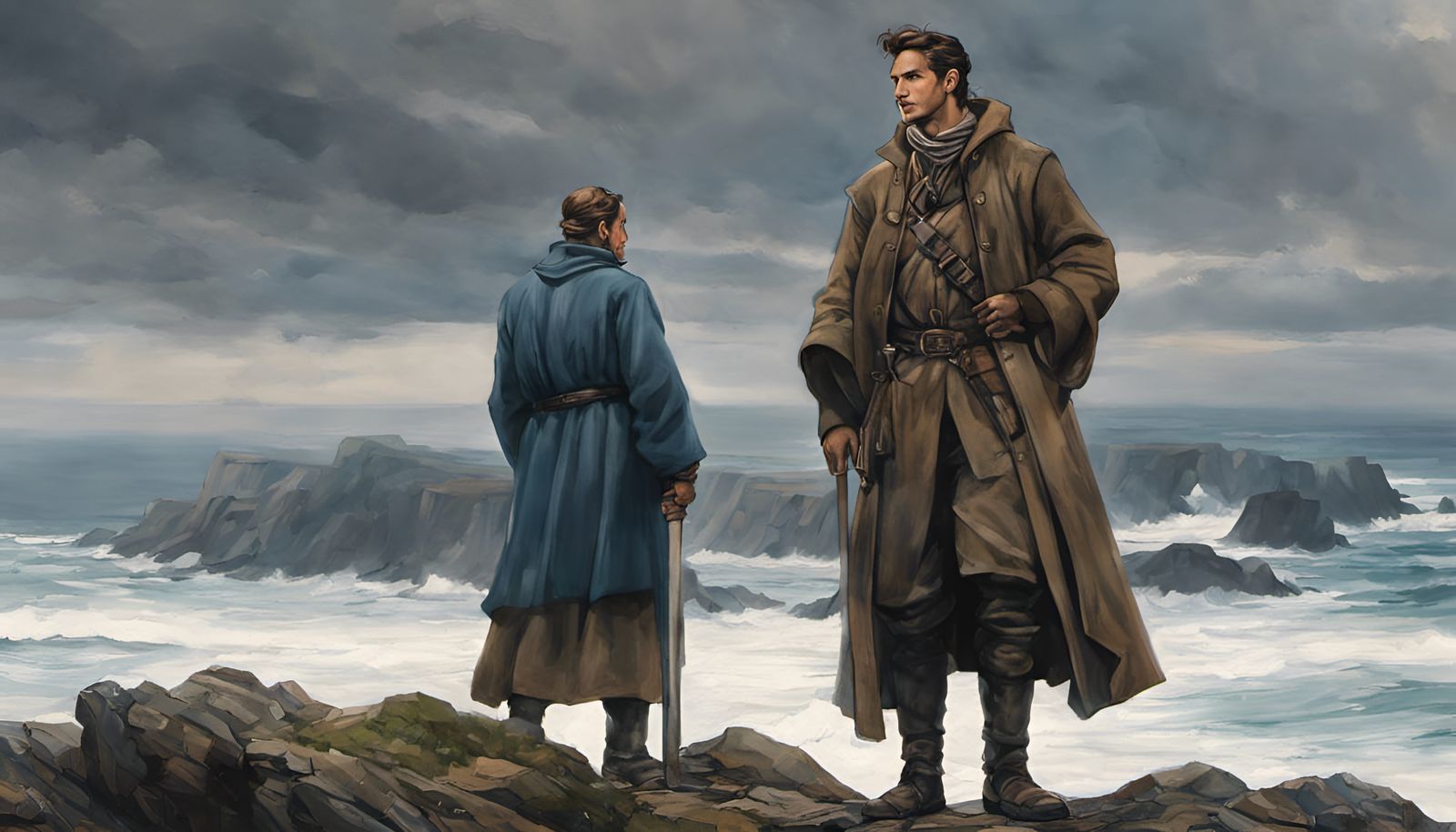 Medieval Navigator Overlooking Ocean, Watercolor by Ghibli