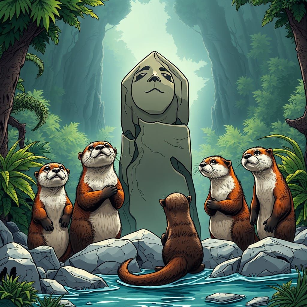 Otters Gather Around Ancient Monolith in Vibrant Comic Book ...