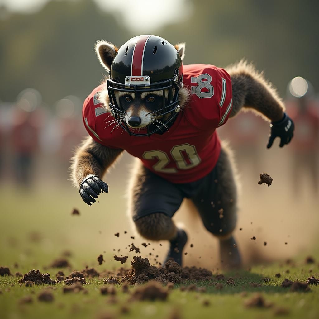 Raccoon Football Player Sprints for Touchdown
