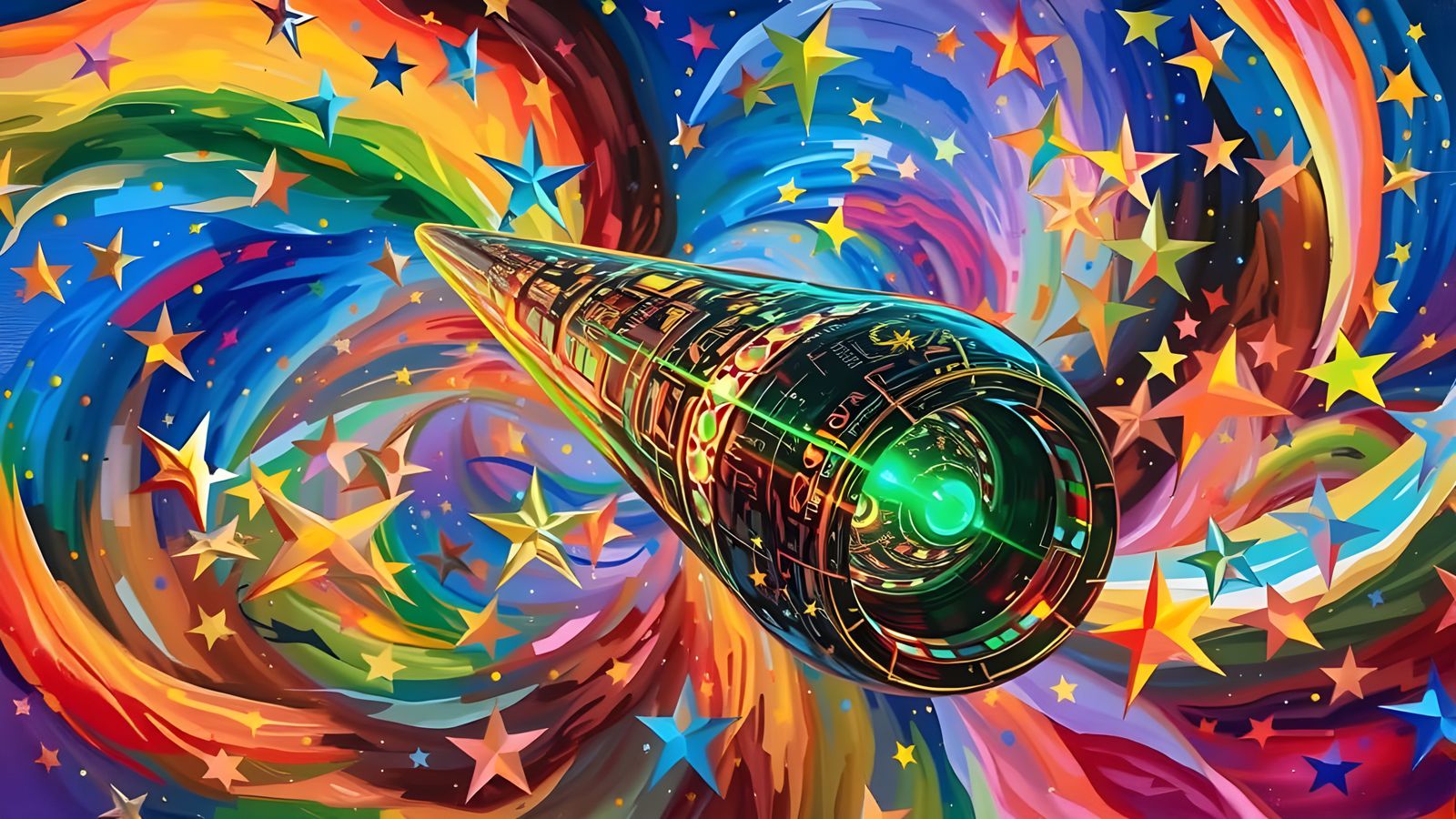 Surreal Metallic Cylinder Reflecting Abstract Starry Cosmos