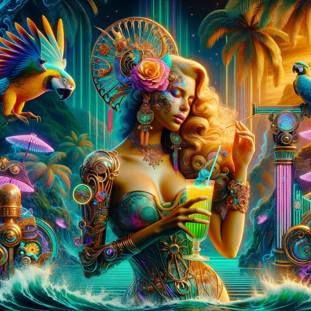 Art Nouveau Woman with Steampunk Elements in Neon Sunset