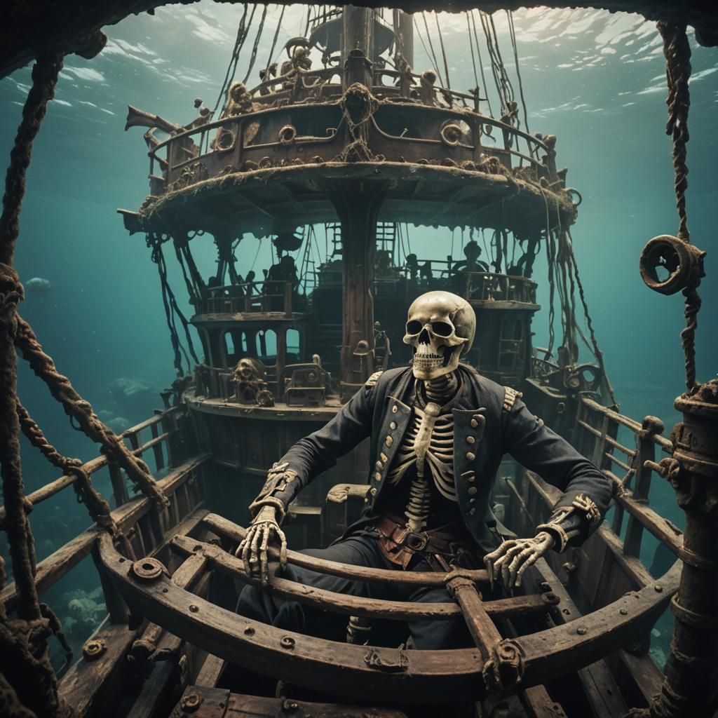 Sunken Pirate Ship with Skeleton Captain
