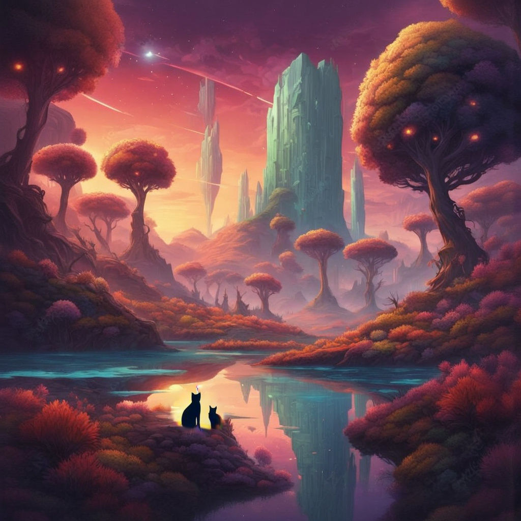 Cat Eats Alien Planet in Starry Landscape