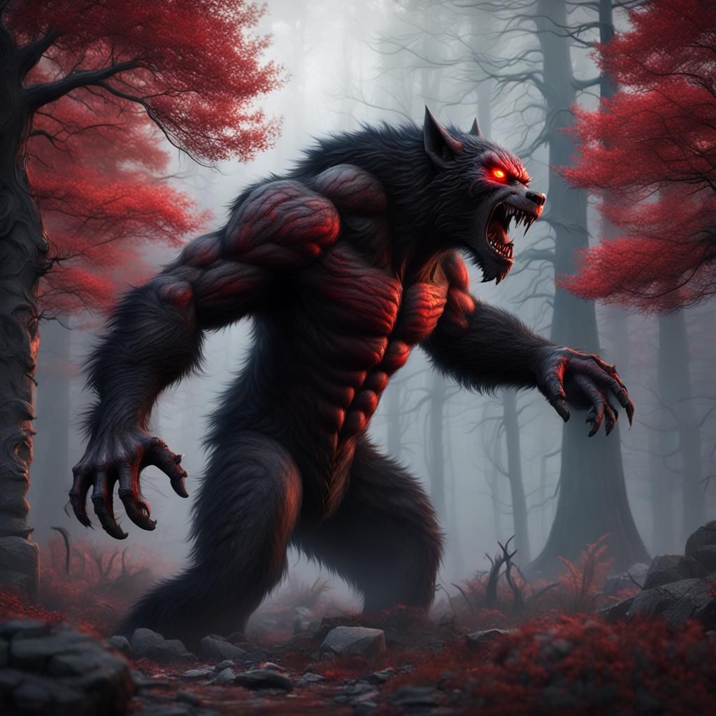 Muscular Werewolf with Red Eyes in Misty Forest