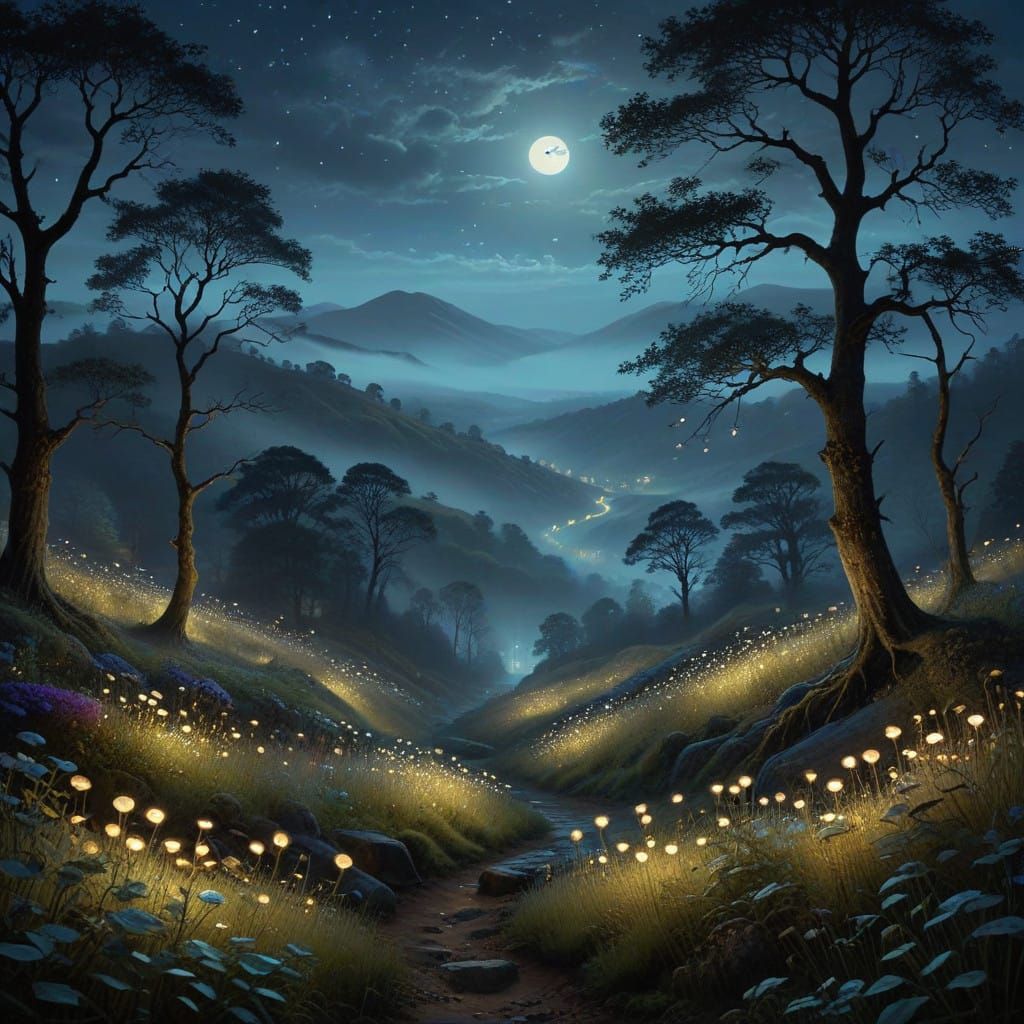 Dreamlike Art Nouveau Landscape under Starry Night Sky