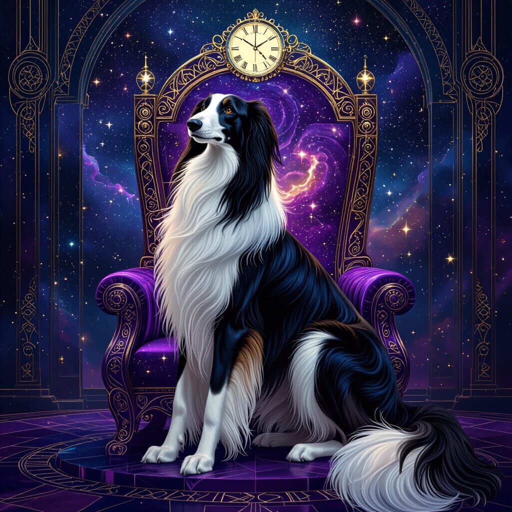 Cosmic Borzoi on Crystal Throne in Deco Surrealism Style