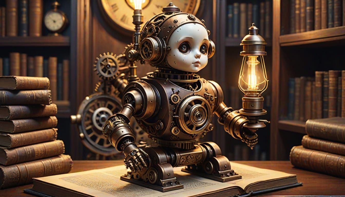 Steampunk Automaton Doll on Books in Victorian Library