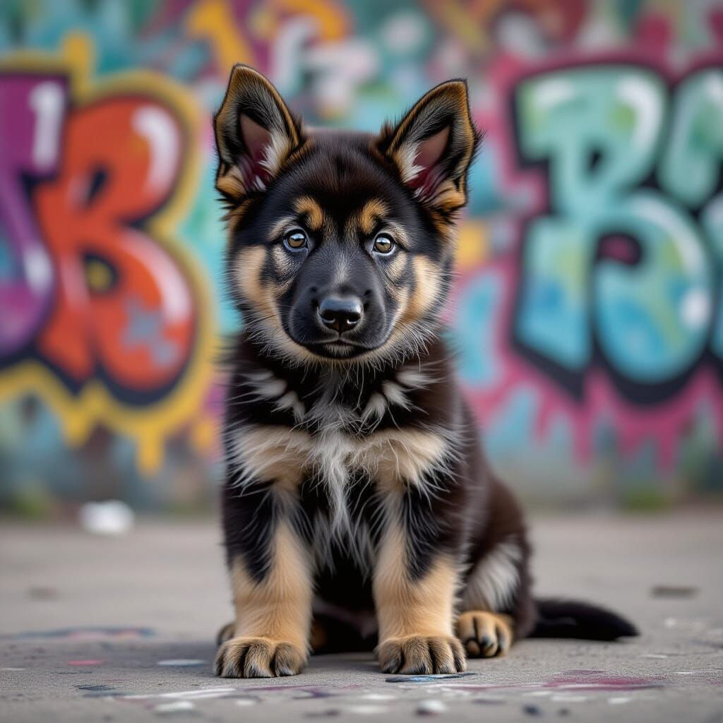 Cute German Shepherd Puppy Amidst Vibrant Street Art