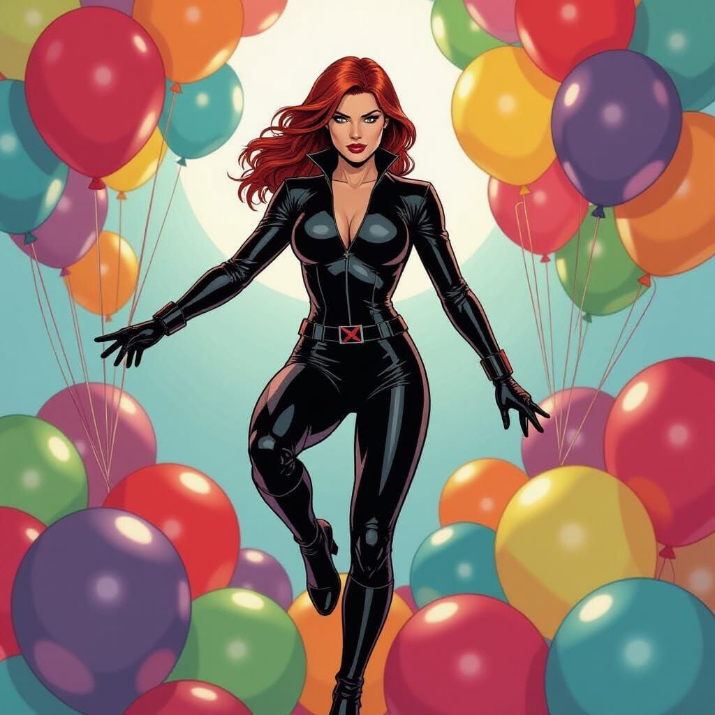 Black Widow Steps on Balloons in Noir Comic Style