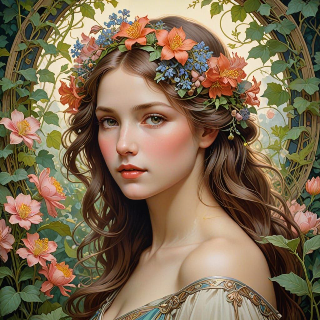 Mother Nature's Gentle Portrait in Organic Art Nouveau Style