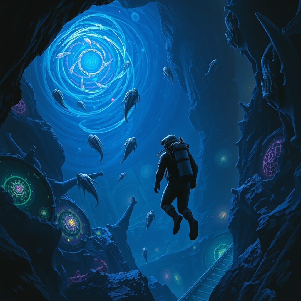 Diver Explores Bioluminescent Alien Abyssal Trench