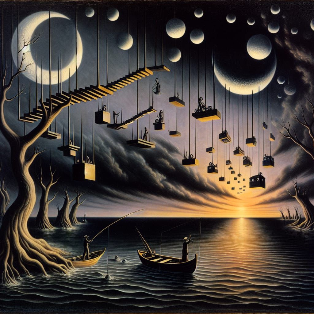 Surreal Fishing Scene with Upside Down Trees