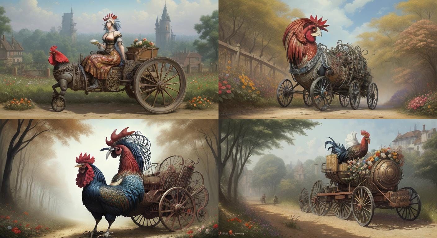 Mechanical Rooster with Girl Rider, Steampunk Art