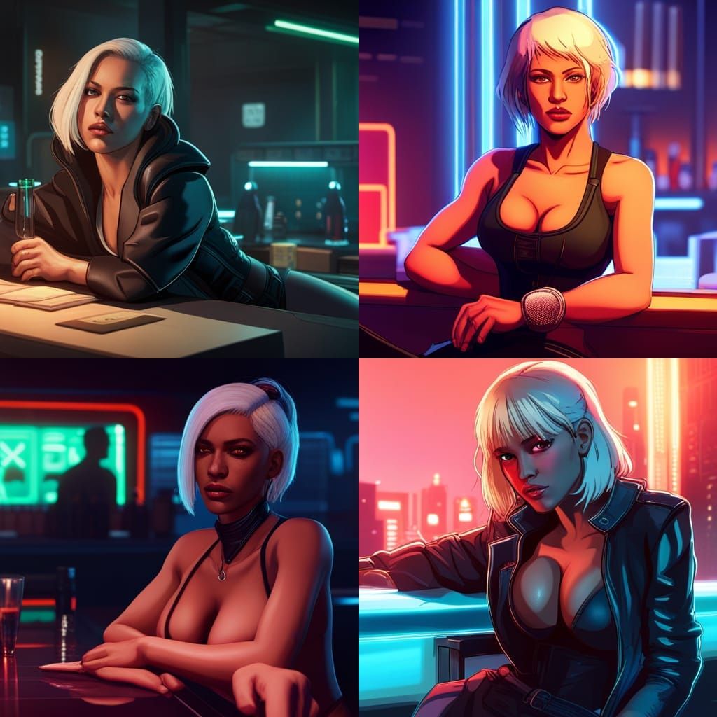 Cyberpunk Woman with Platinum Hair at Neon Bar