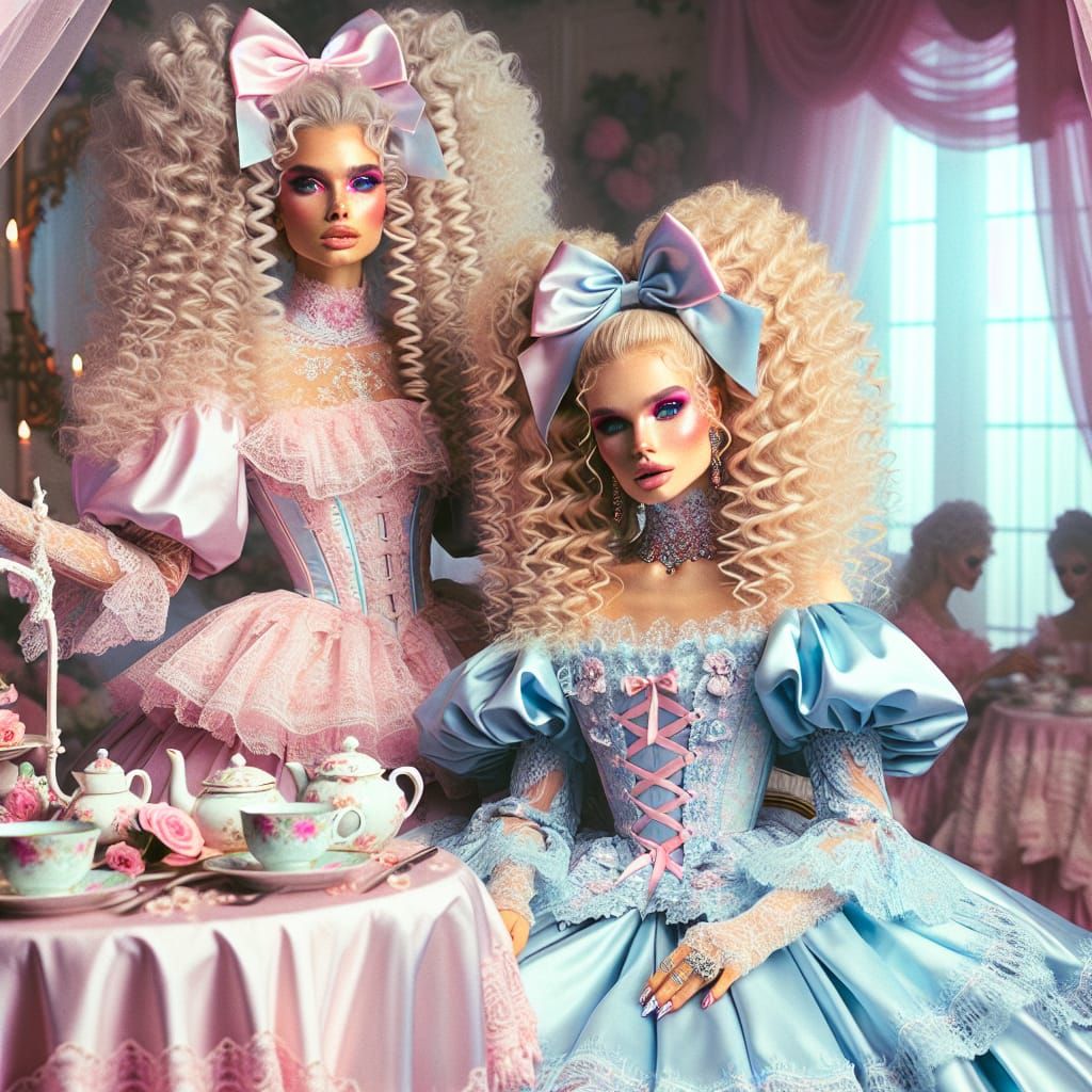 Elegant Women Enjoying Tea Party in Frilly Setting
