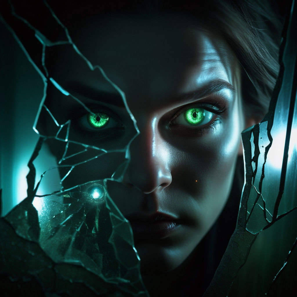 Dark Fantasy Shadow Stares into Shattered Mirror with Glowin...