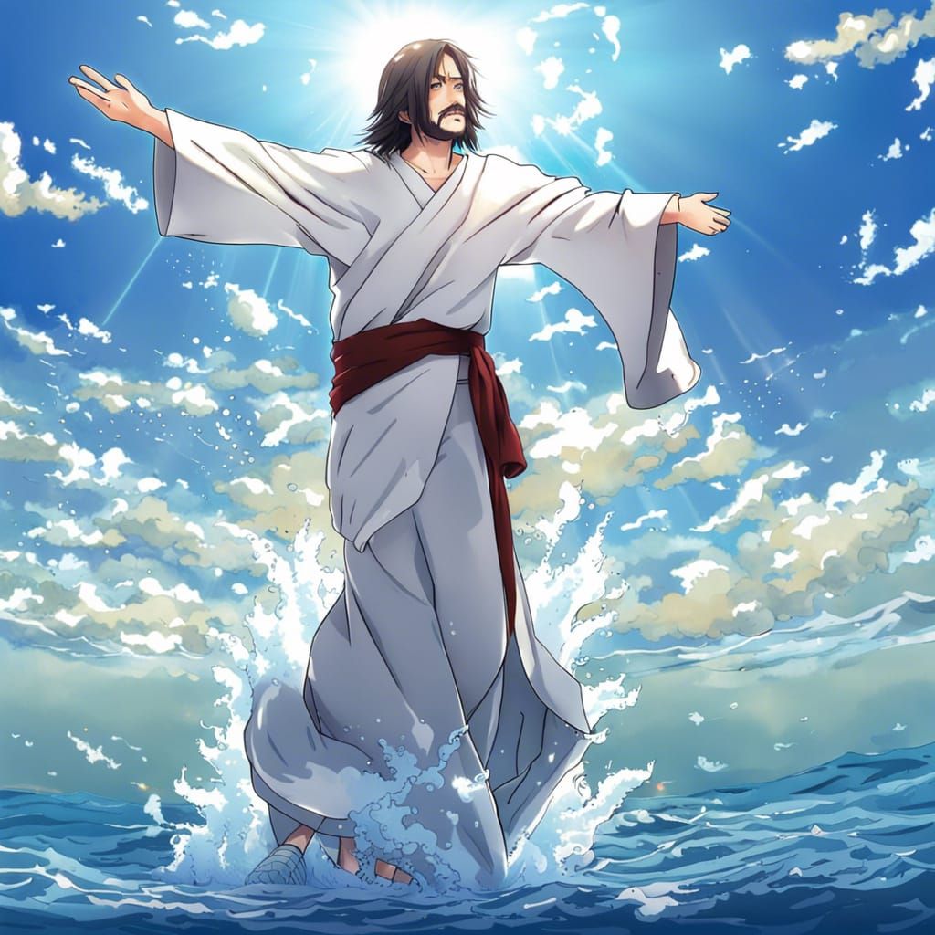 Jesus Walking on Water in Anime Style