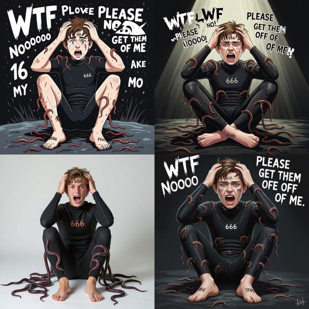 Pale Surfer Boy Covered in Worms on Black Background