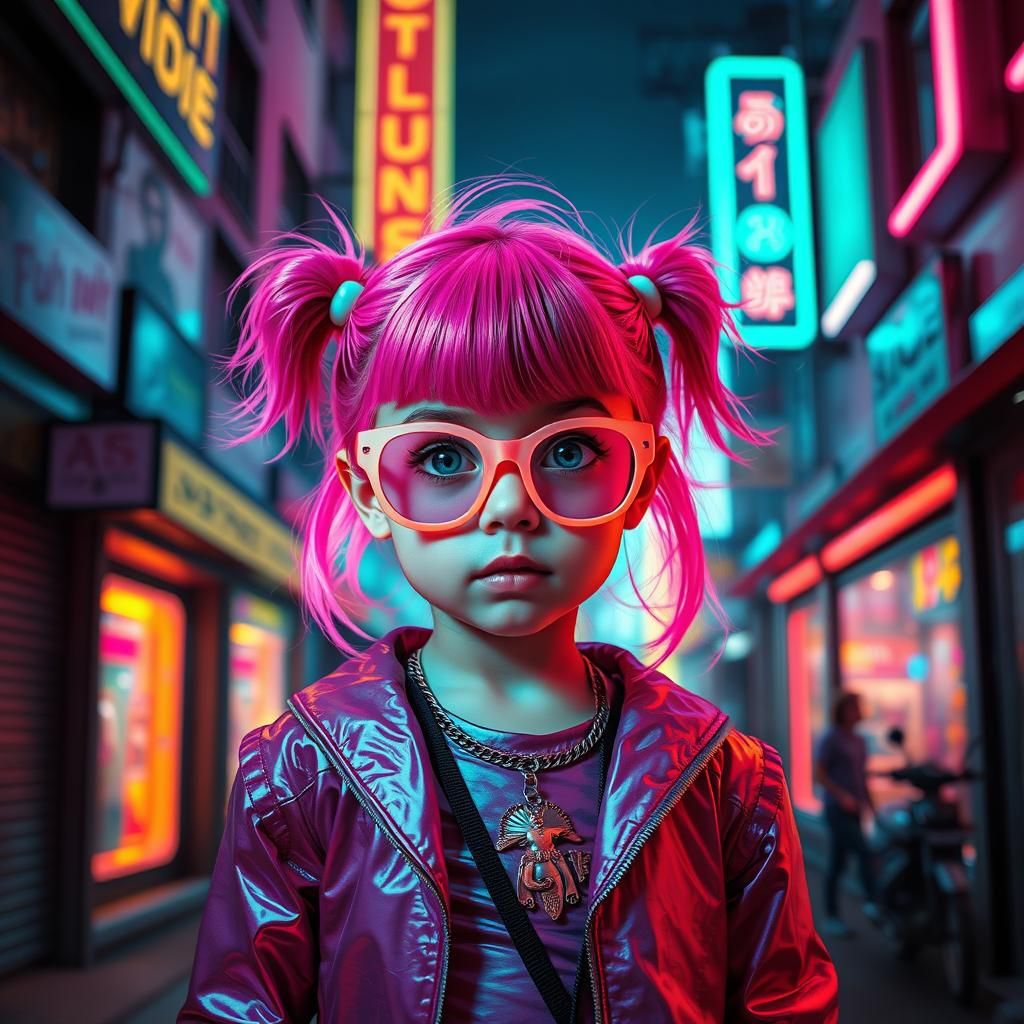 Cyberpunk Girl with Pink Hair and Neon Glasses