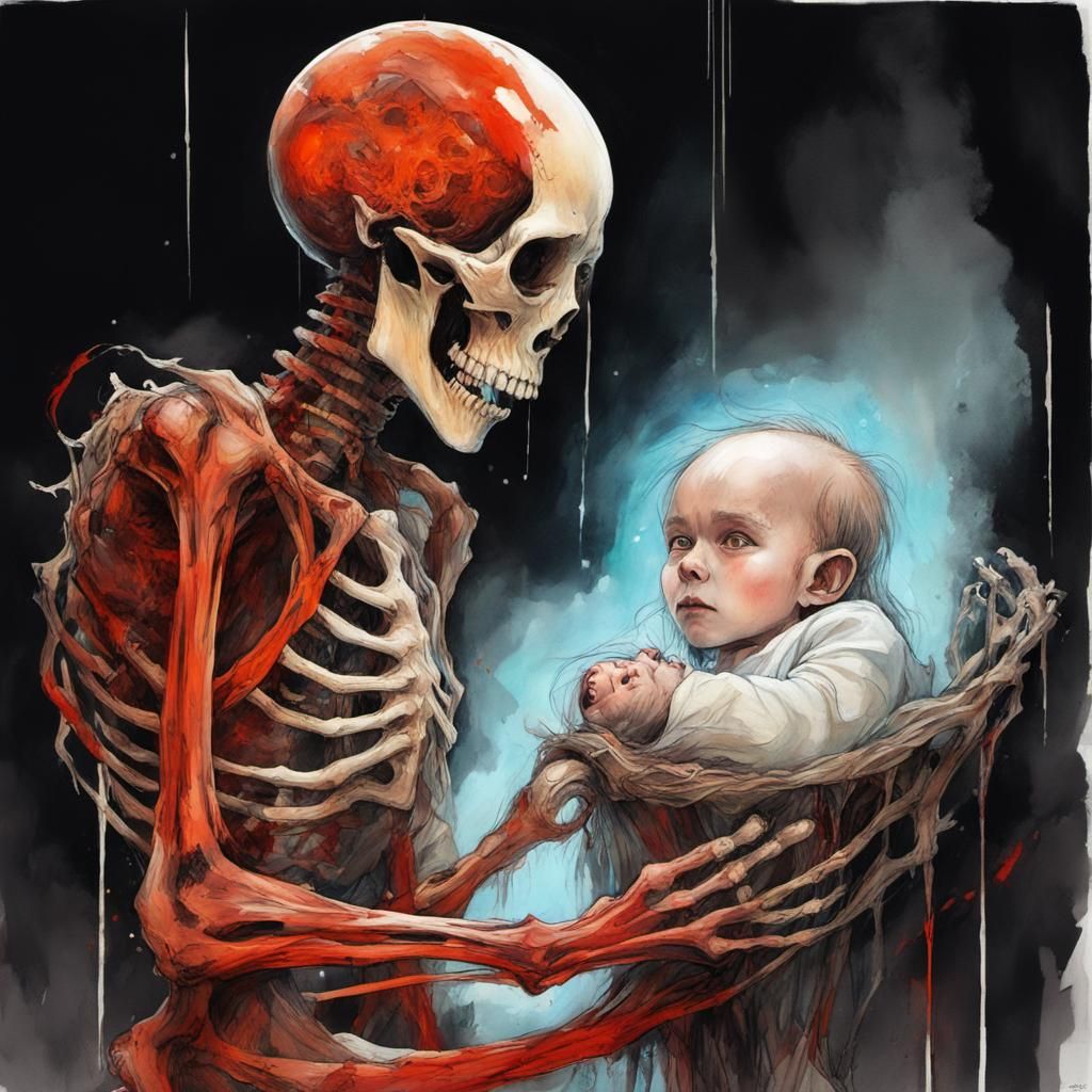 Luminescent Ghost with Skeleton Baby, Watercolor Style
