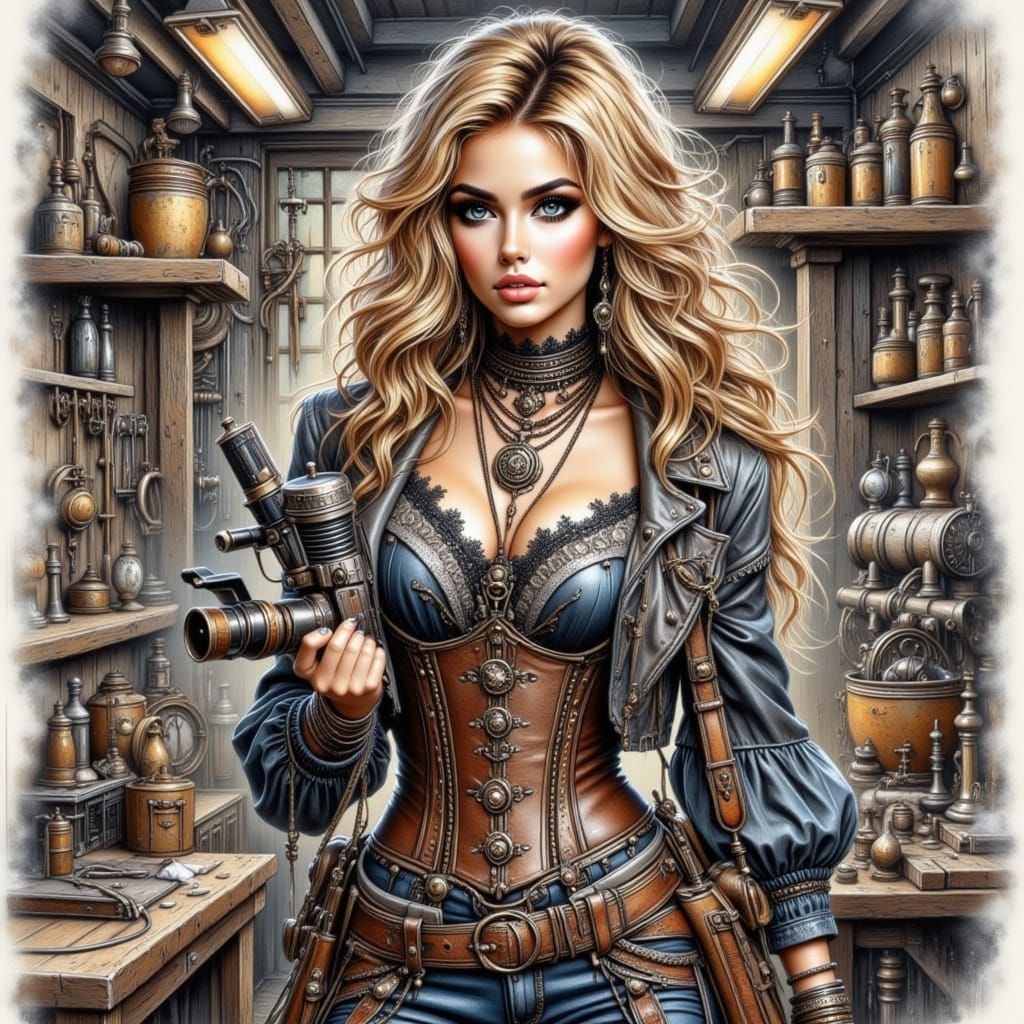 Steampunk Girl Grinding ATV Wing in Watercolor Style