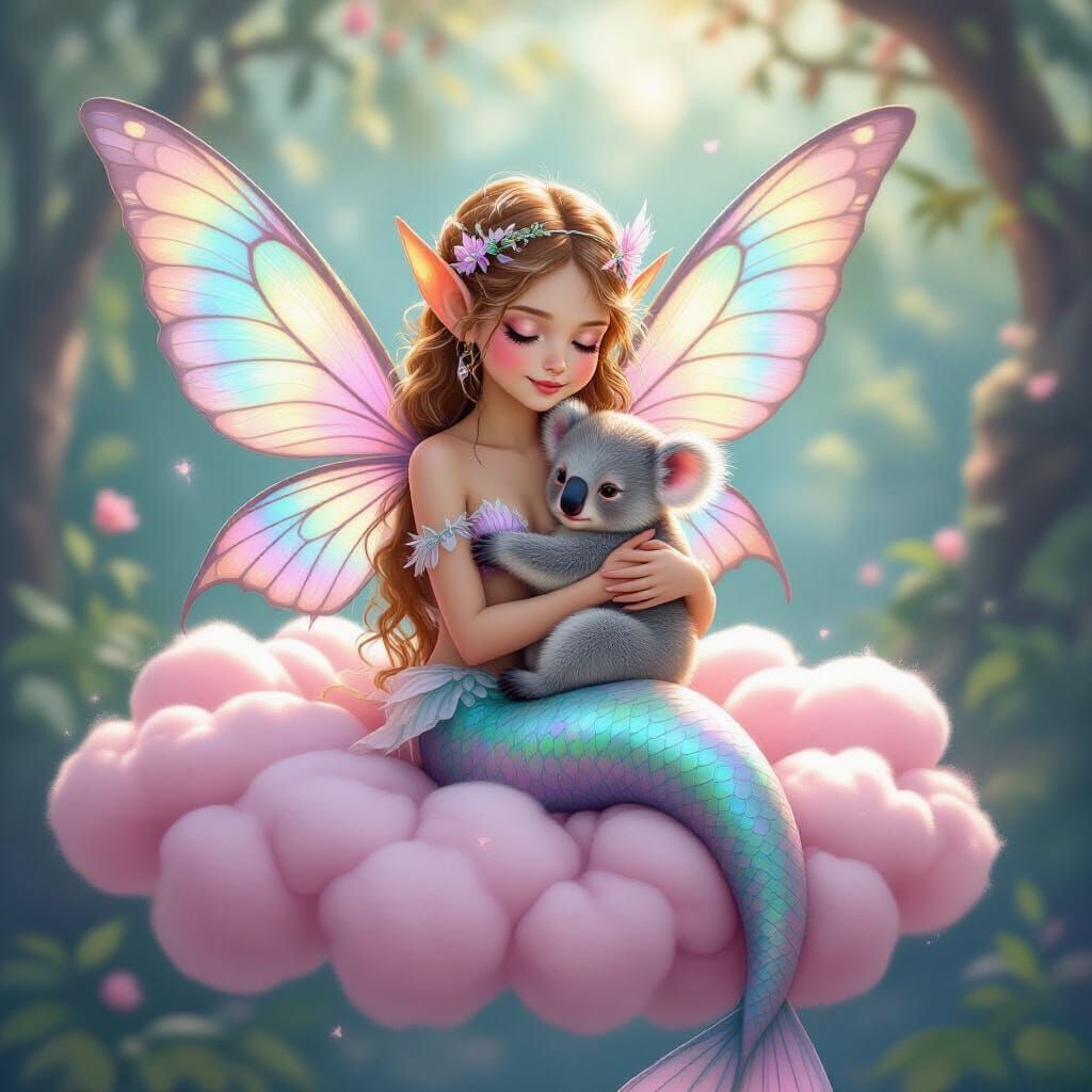 Faerie Mermaid Pixie With Koala On Cloud