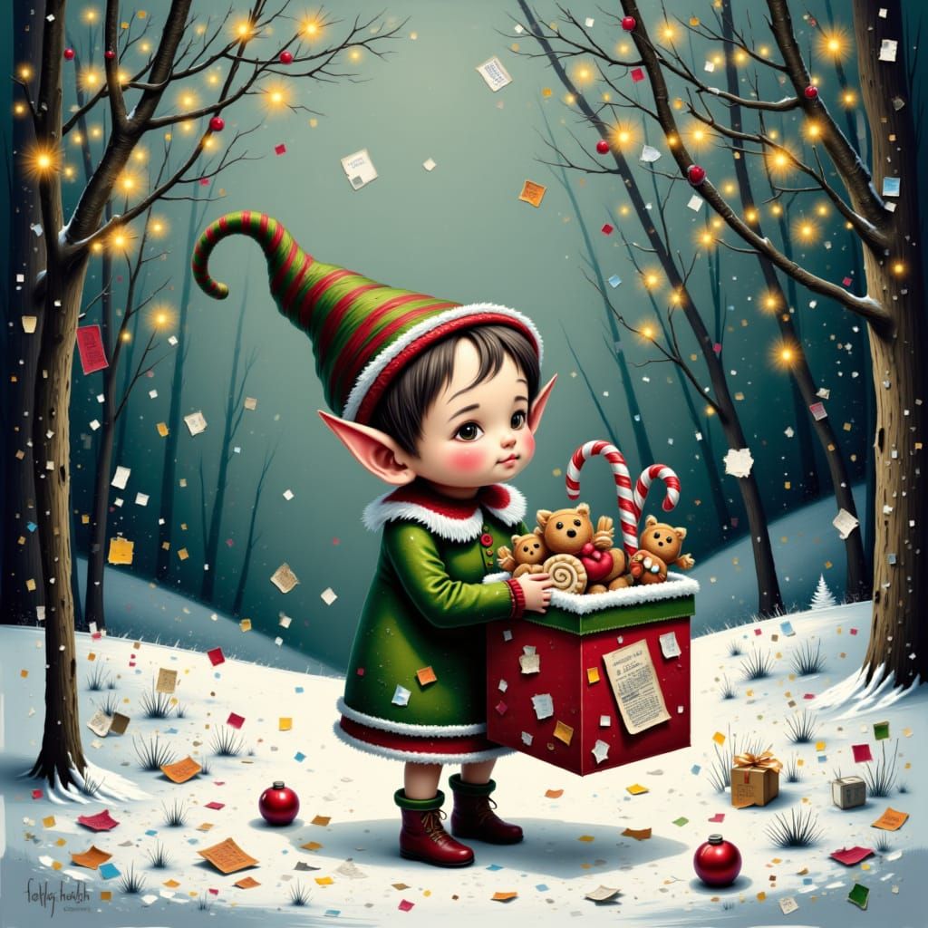 Christmas Elf in Snowy Forest With Gifts