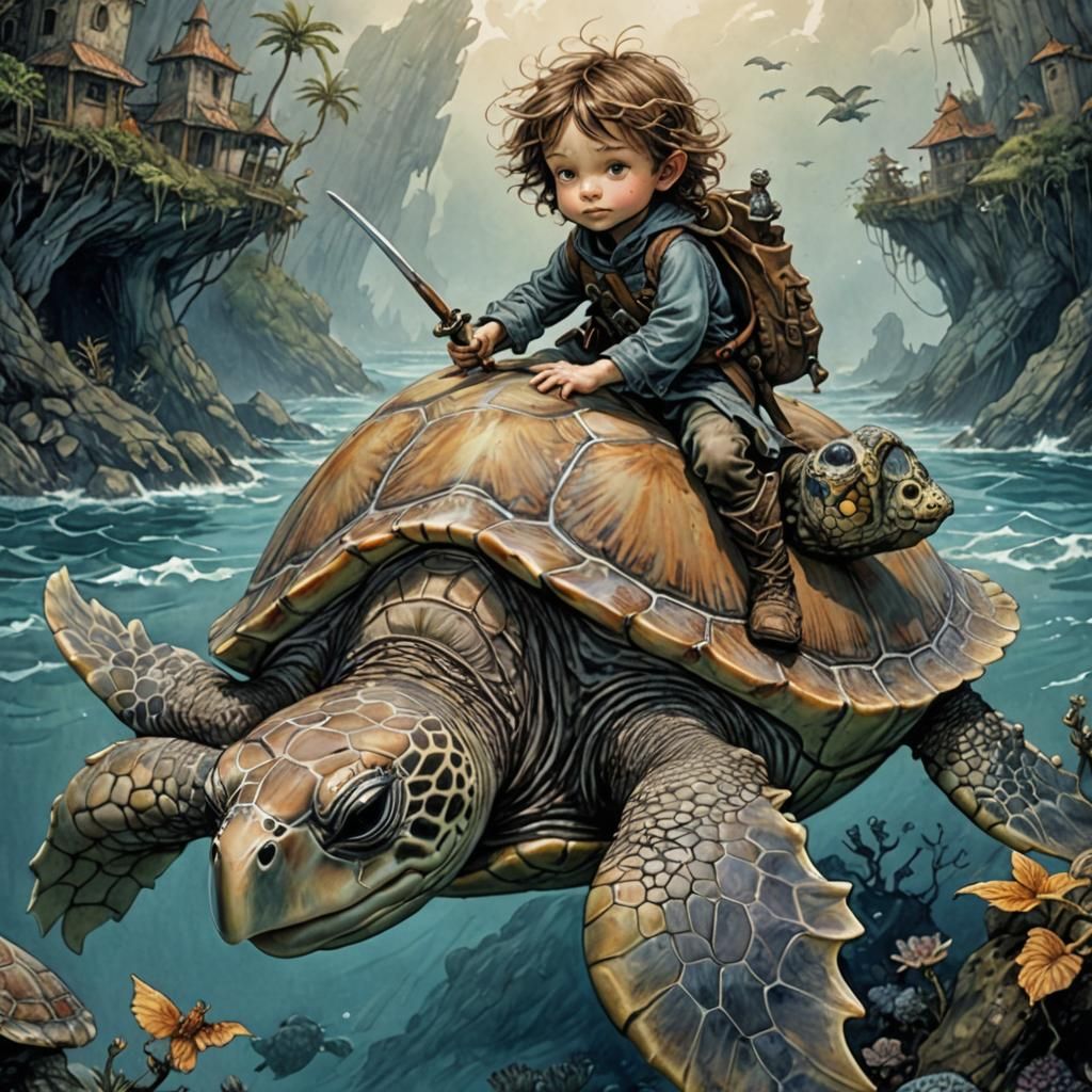 Chibi Adventurer Rides Giant Sea Turtle