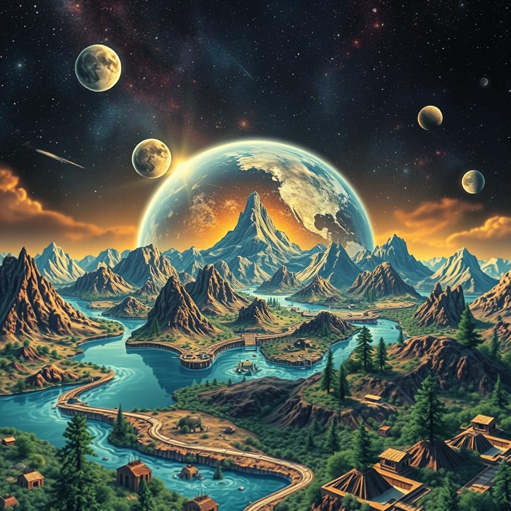 Exotic Planet Landscape in Biometric Mosaic Style