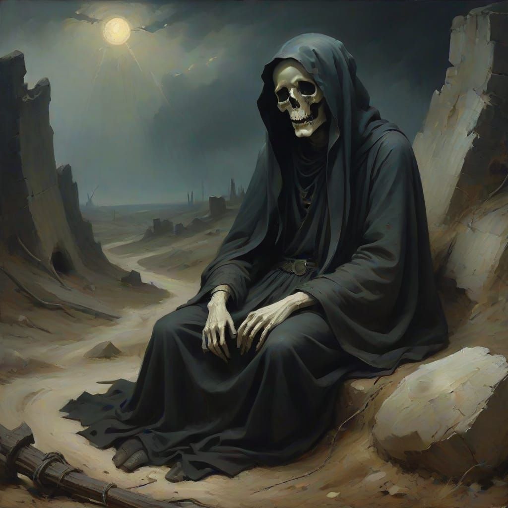 Spectral Reaper Defeated in Desolate Battlefield Oil Paintin...