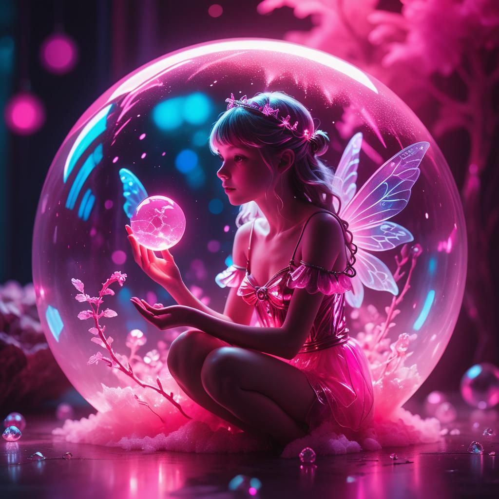 Neon Fairy in Crystal Orb: Magical Realism