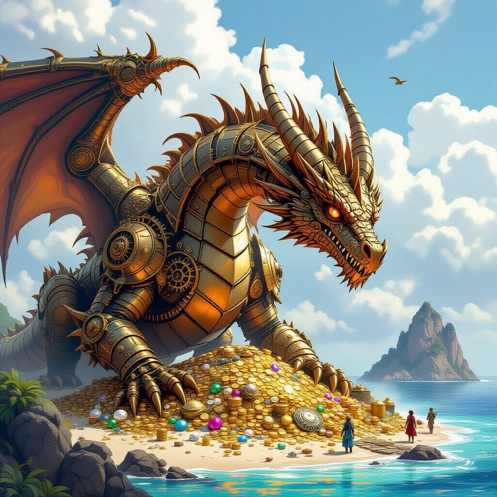 Clockwork Dragon Guarding Treasure in Steampunk Style