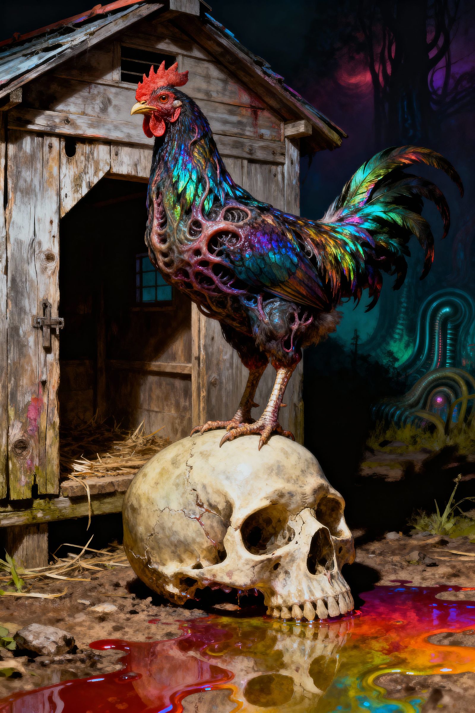 Mutated Chicken Guards Skull Before Old Coop
