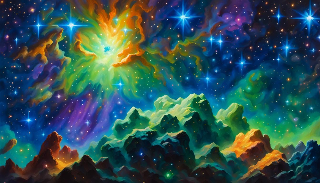 Gorgeous Space Scene with Blue Protostar in Oil Paint