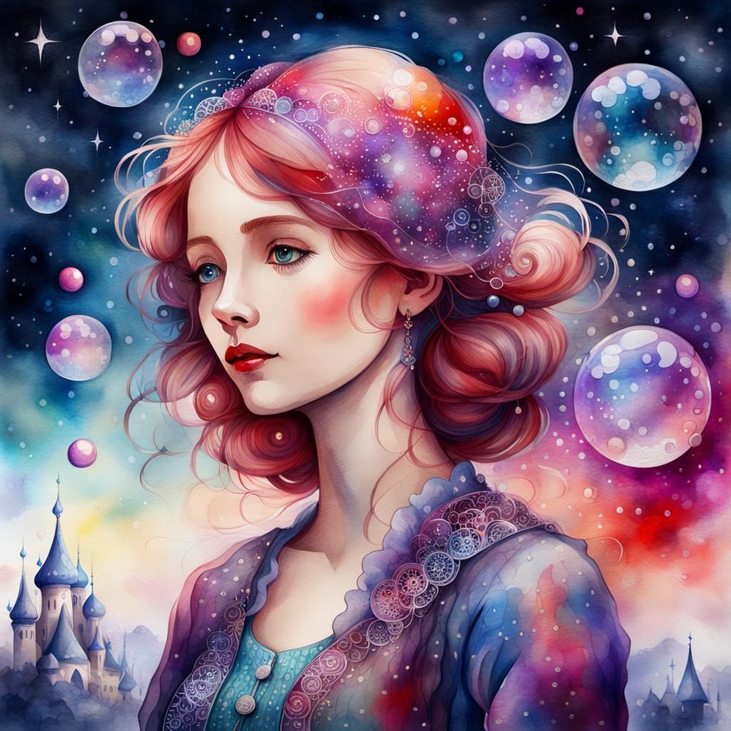 Dreamy Watercolor Landscape with Geodesic Bubbles