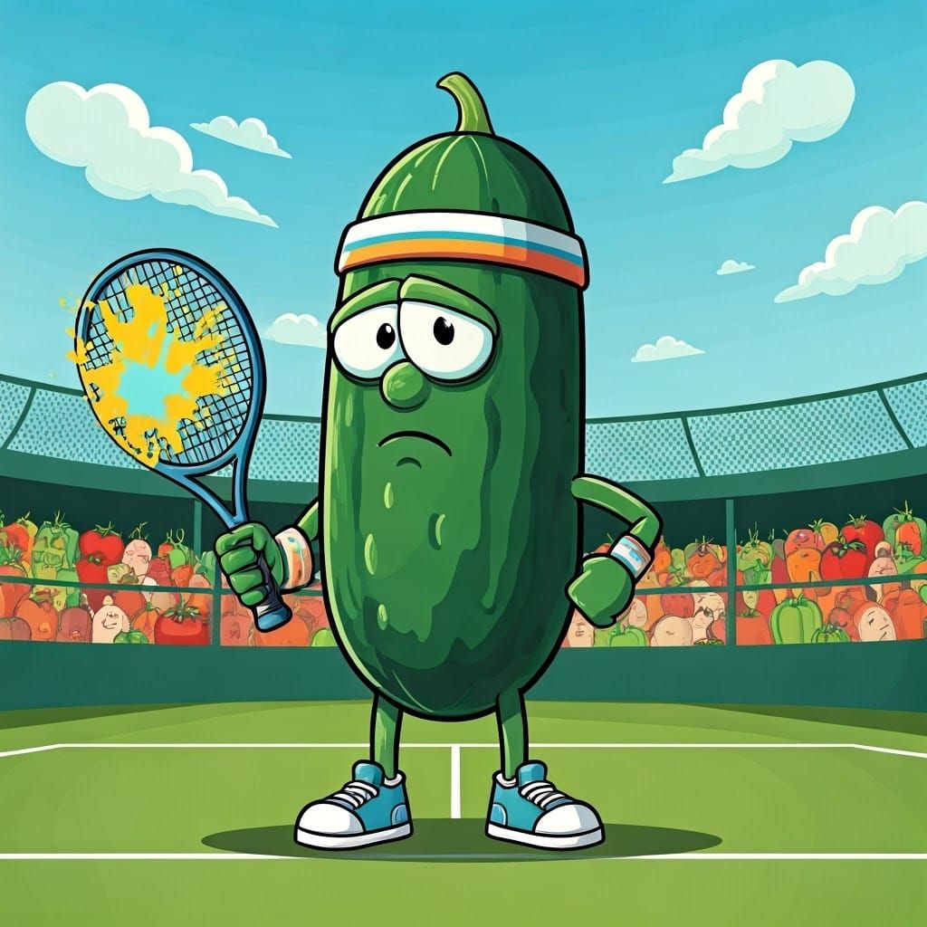 Vibrant Cucumber Tennis Champion in Cartoon Style