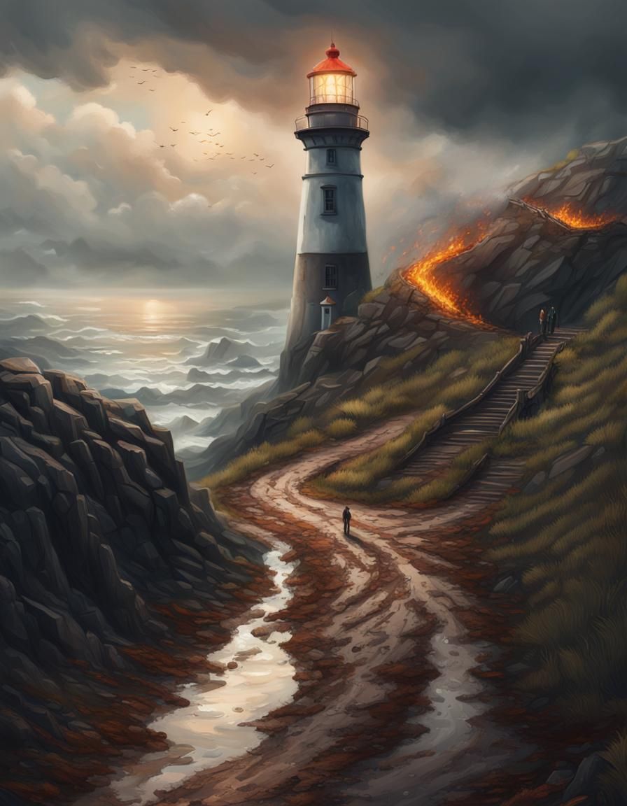 Burning Lighthouse on Cliff in Hyperrealistic Style
