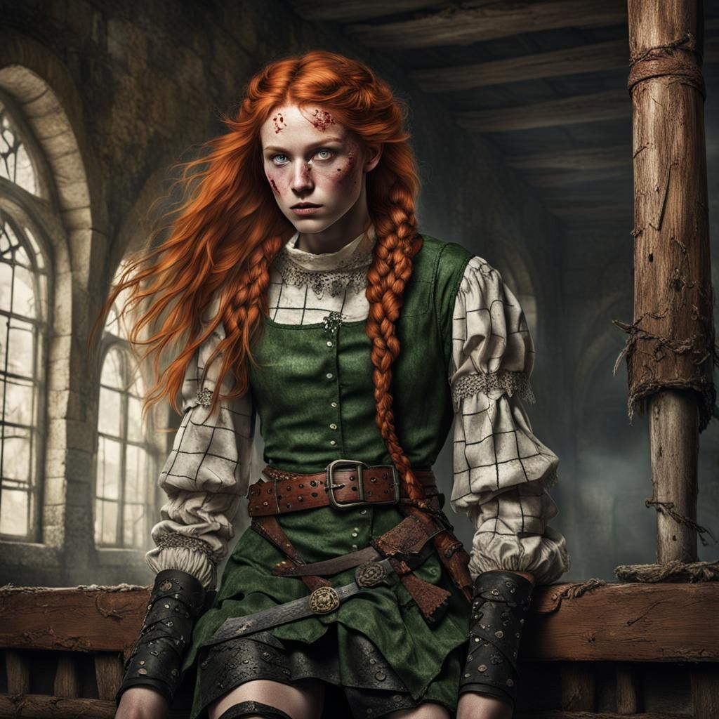 Red-Haired Woman in Medieval Tavern, Digital Art