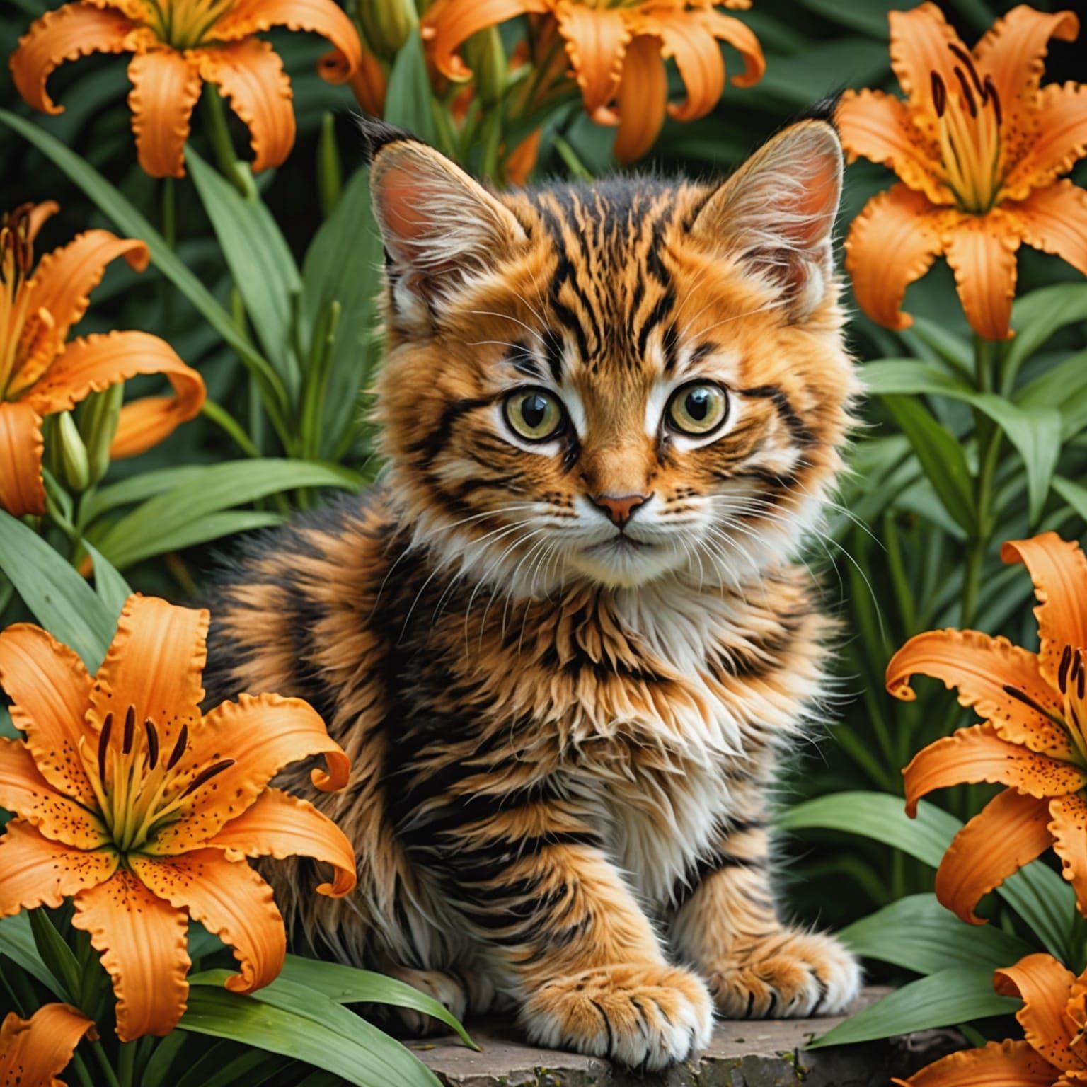 Kitten Among Lilies in Waterhouse Style