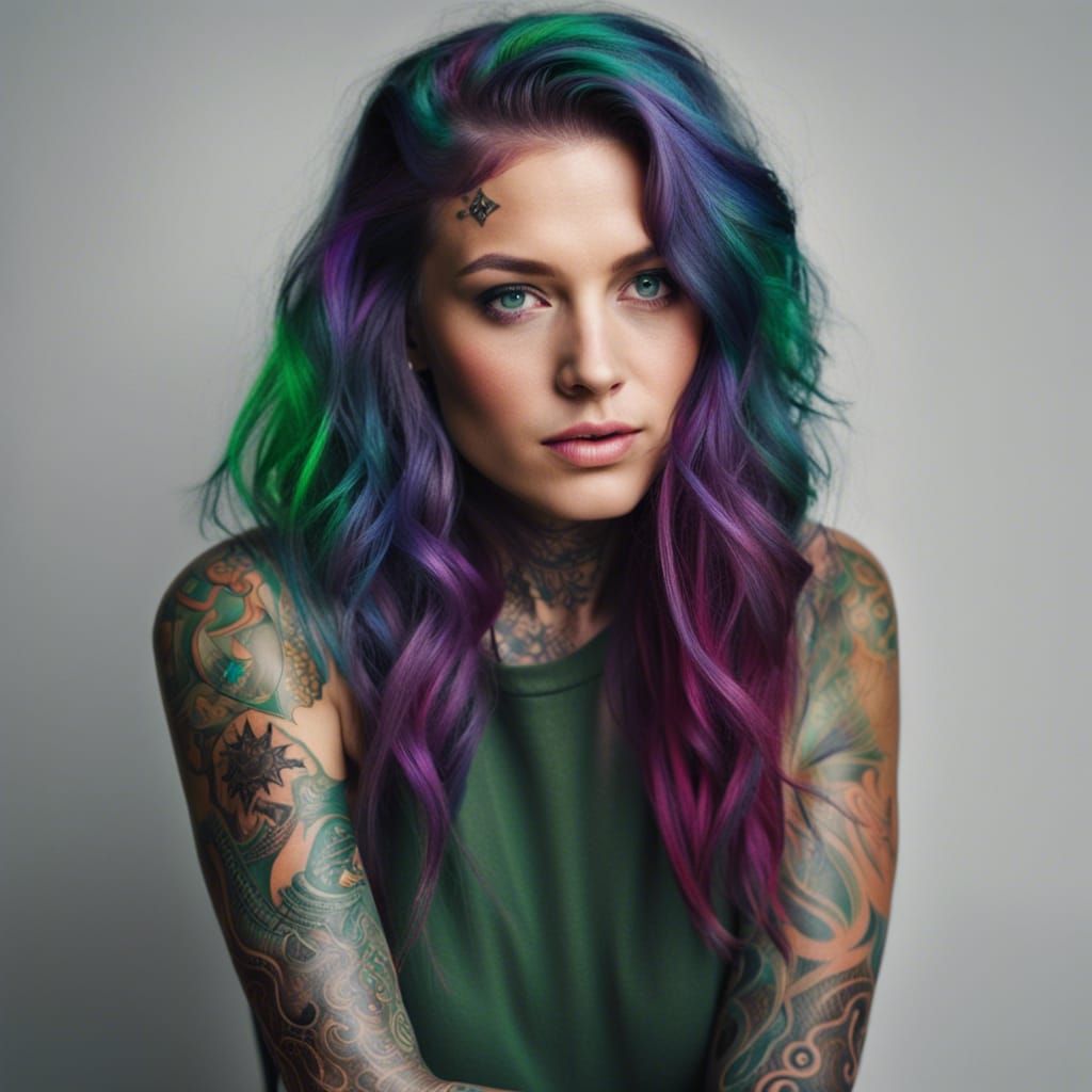 Queen of Tattoos with Colorful Hair and Green Eyes