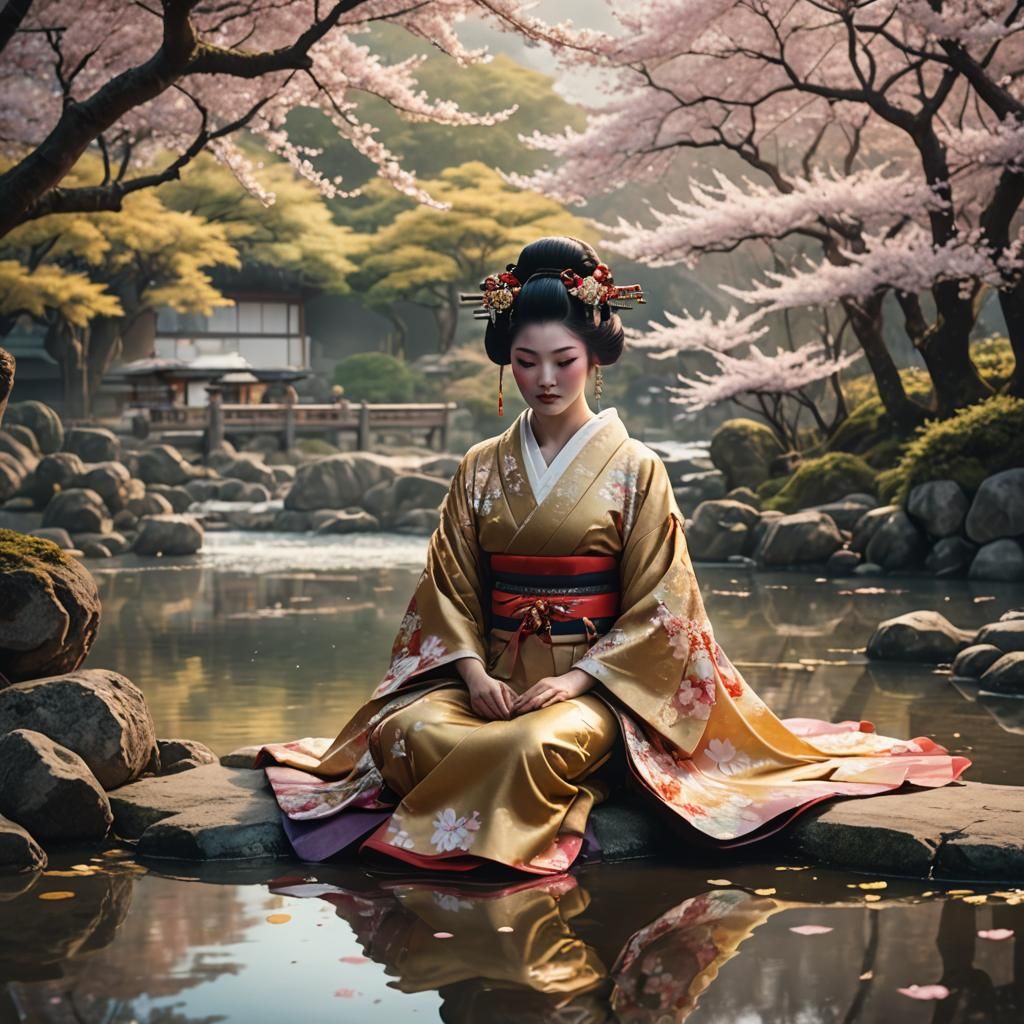 Enlightened Geisha Surrounded by Vibrant Chakras in Okinawa