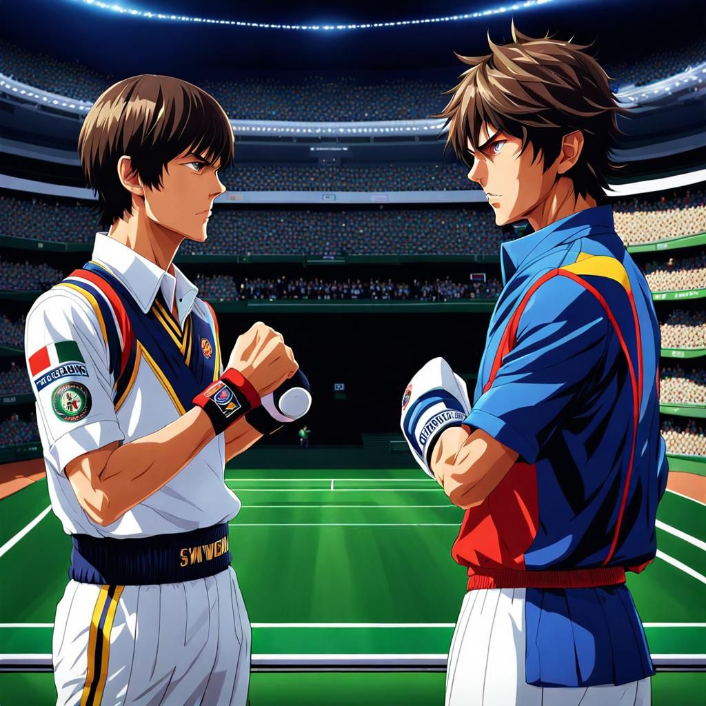 Anime Villain Showdown at Wimbledon in Hyperrealistic Style