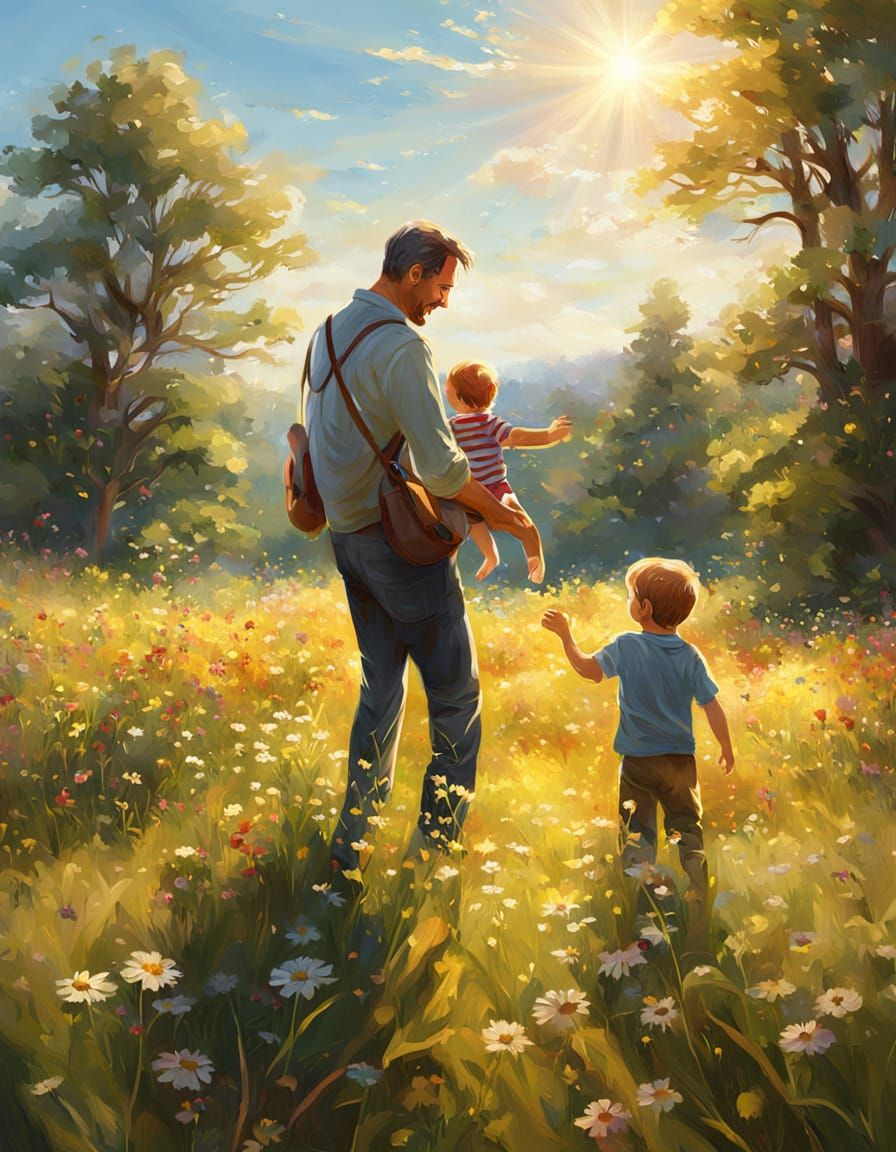 Father and Child in Sunlit Meadow, Oil Painting