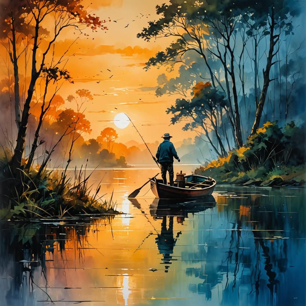 Old man fishing on a boat in a sunset lake, photorealistic, ...