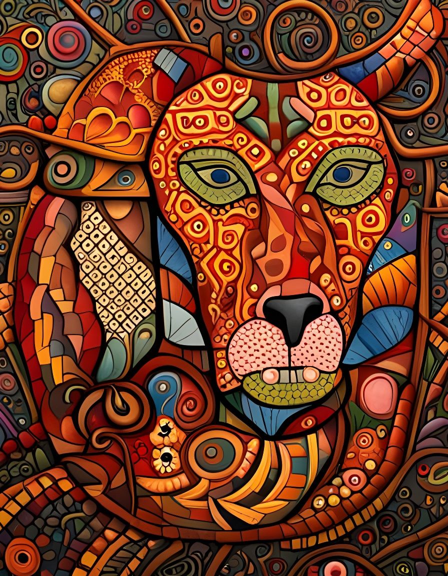 Cow in Flower Field with Shipibo Patterns