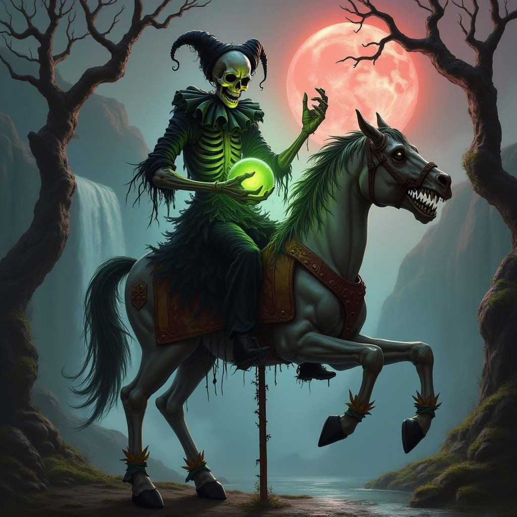 Skeletal Evil Clown with Glowing Orb on Carnival Horse