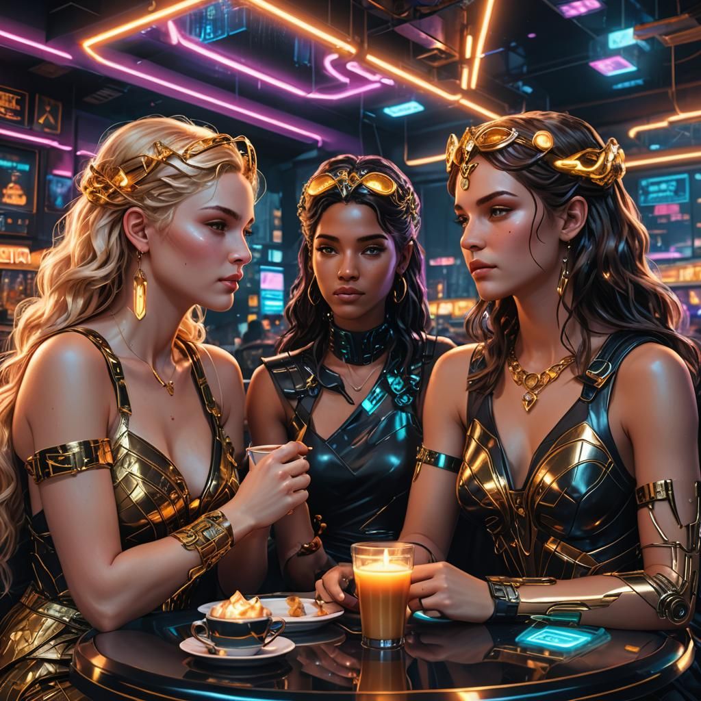 Goddesses in Neon-Lit Cyberpunk Cafe: Digital Art