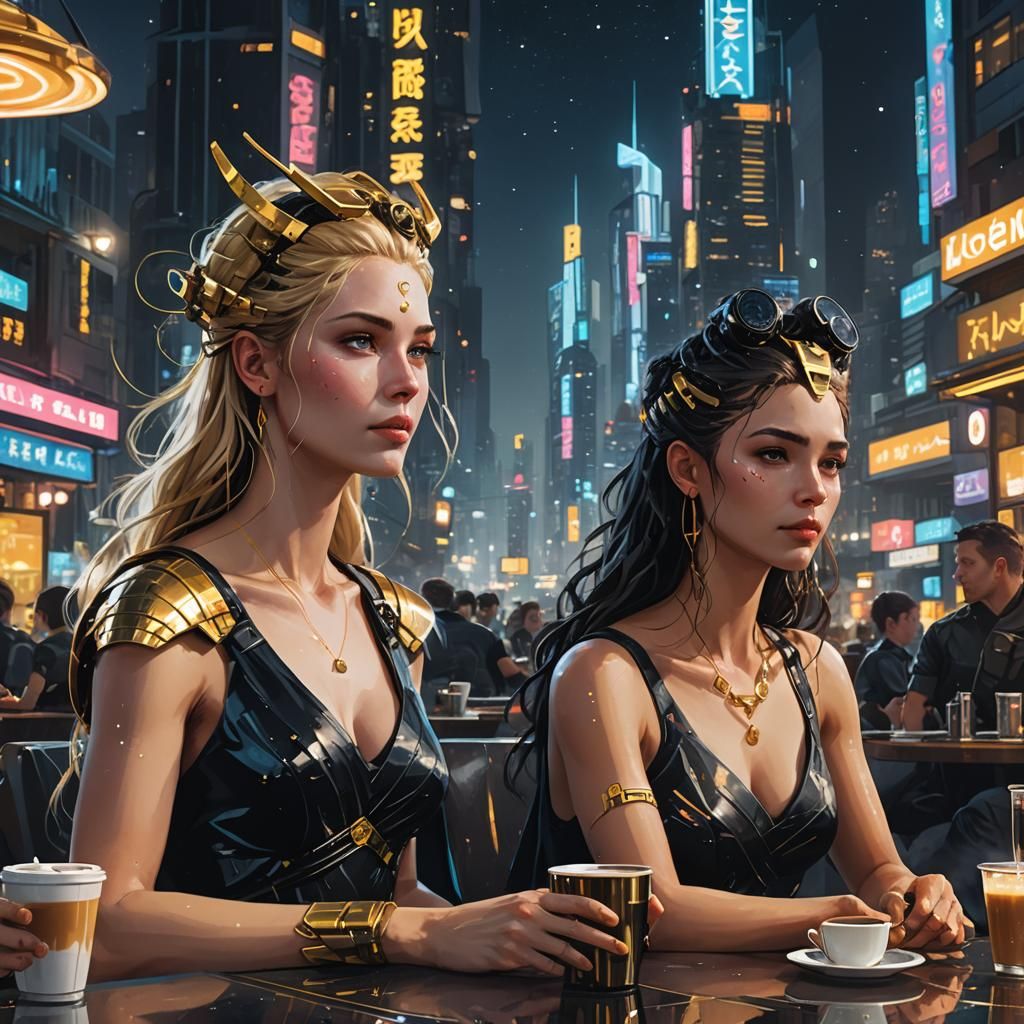 Goddesses in Cyberpunk Cafe: A Digital Painting