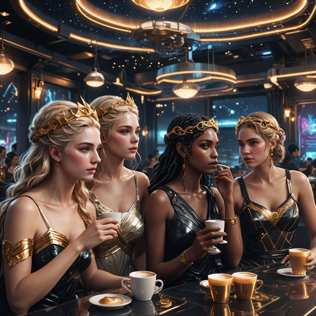 Goddesses in Cyberpunk Café: Digital Portrait