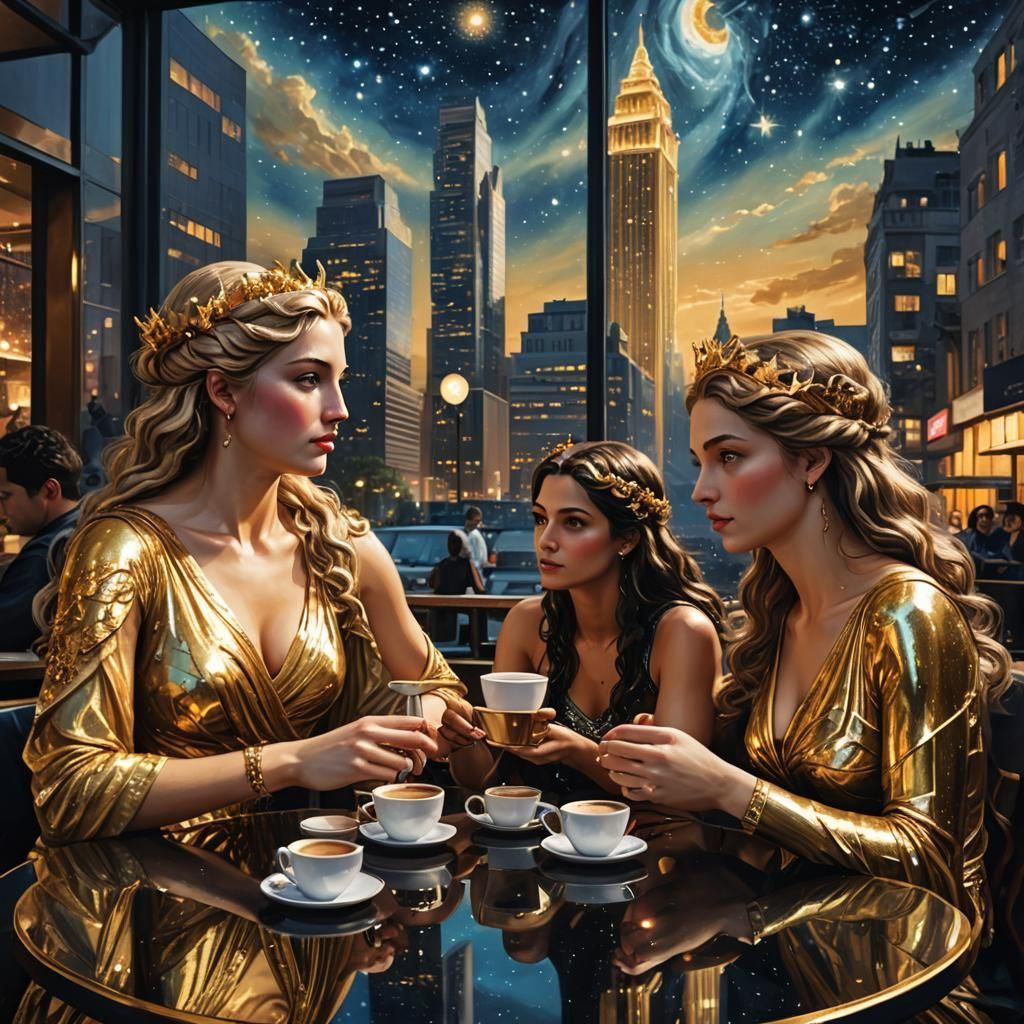 Goddesses at Cafe in Hyperrealistic Digital Art